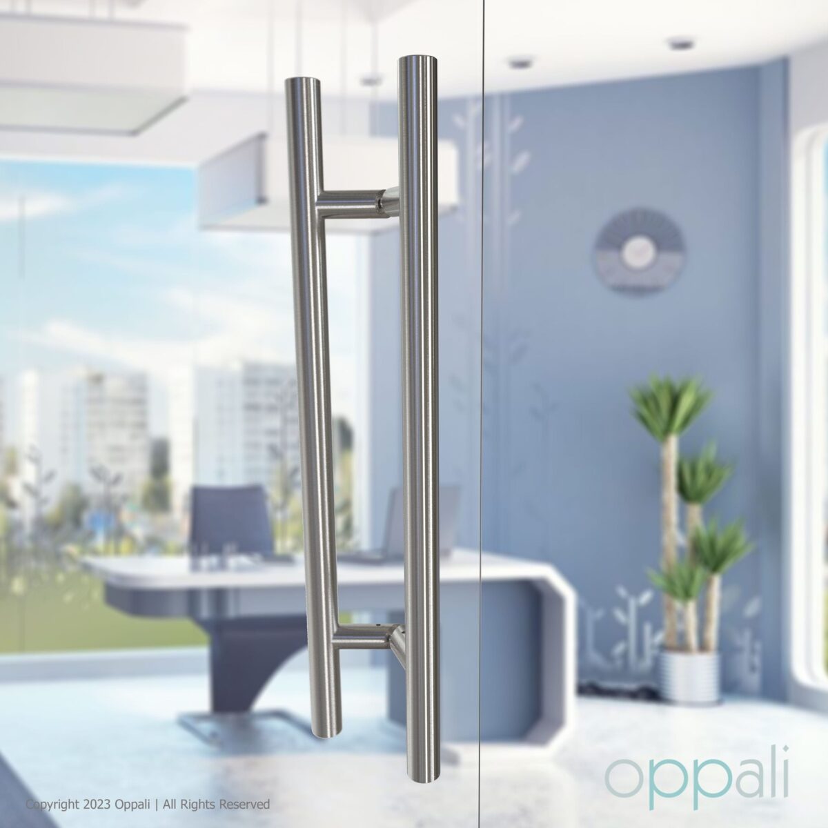 Door-pull-handles-SS-57008-glasspromo-03-Oppali_WM Oppali Brushed Stainless steel 304 Entrance door Pull handle | Inclined at an angle of 45° | Round T-Bar - Image 2
