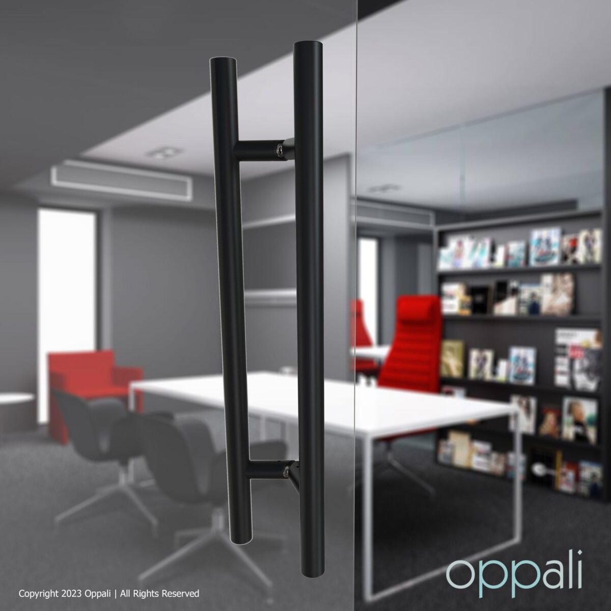 Door-pull-handles-SS-57008-glasspromo-10-Oppali_WM Oppali Black Stainless steel 304 Entrance door Pull handle | Inclined at an angle of 45° | Round T-Bar | - Image 2
