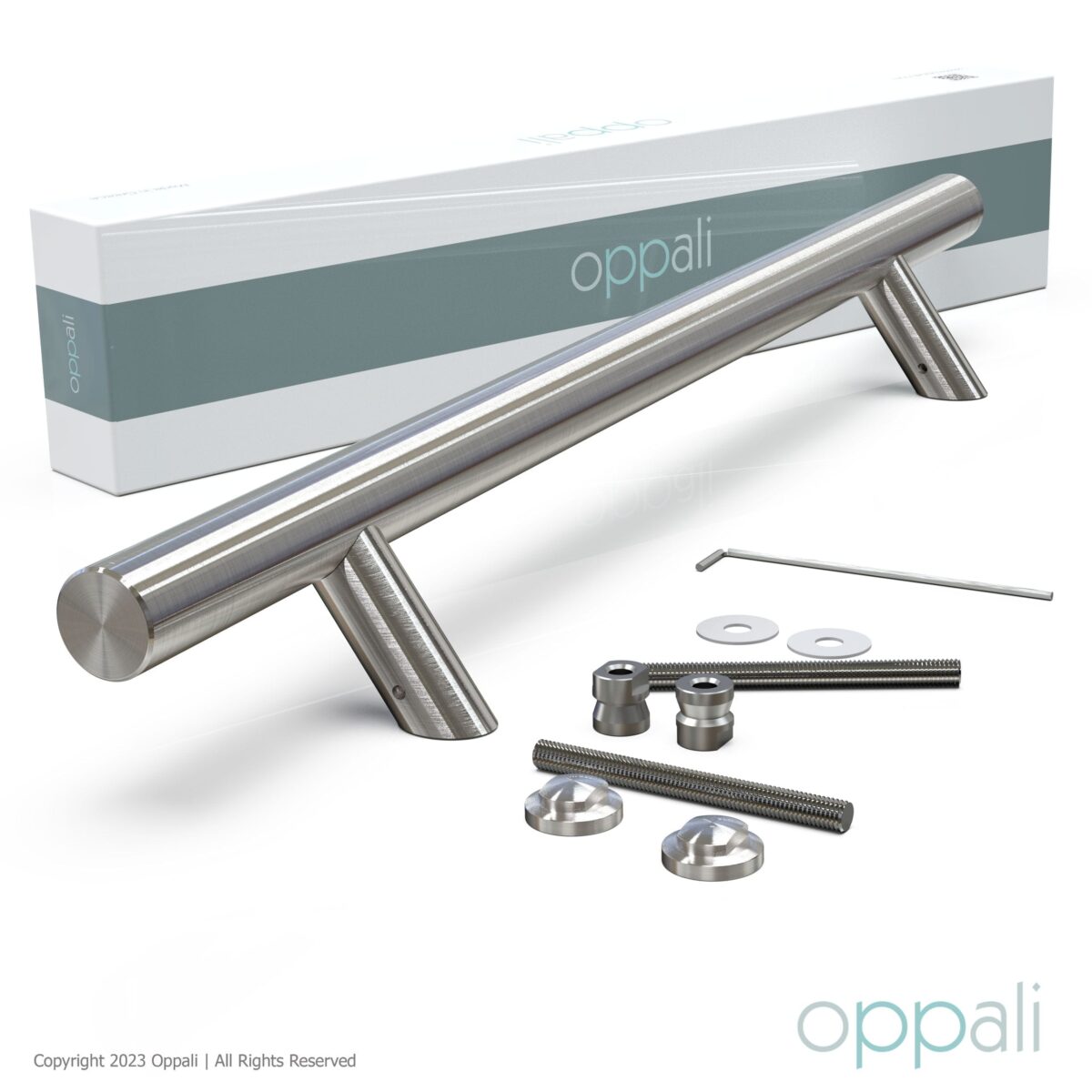 Door-pull-handles-SS-57008-package-03-Oppali_WM Oppali Brushed Stainless steel 304 Entrance door Pull handle | Inclined at an angle of 45° | Round T-Bar - Image 4